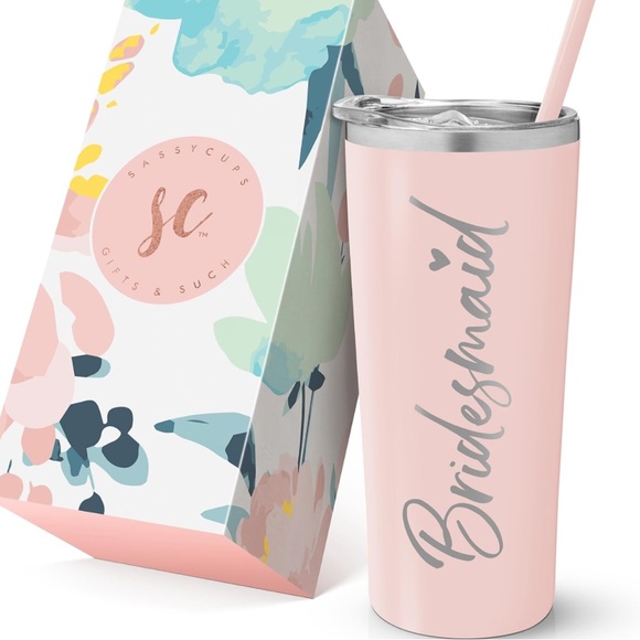 Four Bridesmaid Tumbler Engraved Vacuum Insulated Stainless Steel Cup with Straw - Picture 1 of 5